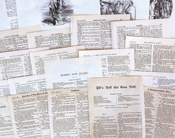 Páginas vintage de Shakespeare de 5 libros antiguos diferentes, páginas ilustradas de Shakespeare,