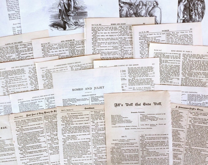 Vintage Shakespeare Book Pages: Illustrated Ephemera for Collage (25 Pages)