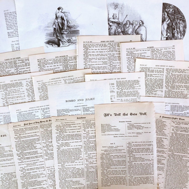 May include: A collection of vintage book pages featuring various Shakespearean plays, including Romeo and Juliet, A Midsummer Night's Dream, King Richard II, and All's Well That Ends Well. The pages are yellowed with age and have a worn, antique look.