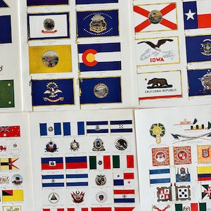 Puede incluir: Una colección de banderas coloridas, incluidas banderas estatales y banderas de otras naciones. Las banderas se muestran sobre un fondo blanco. Algunas banderas tienen texto, como "IOWA" y "CALIFORNIA REPUBLIC". Las banderas son de varias formas y tamaños.