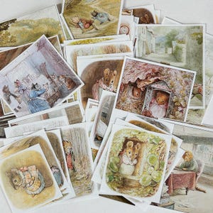 May include: A selection of vintage illustrations, depicting anthropomorphic animals in various scenes. The images are detailed watercolour artwork with soft colours, showing domestic life and outdoor settings, reminiscent of classic children's stories.