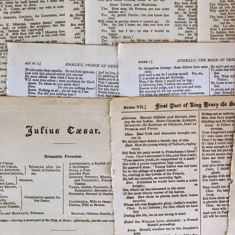 May include: Close-up of a page from a vintage book featuring the play Julius Caesar by William Shakespeare. The page includes the title of the play, the list of characters, and the setting of the play.