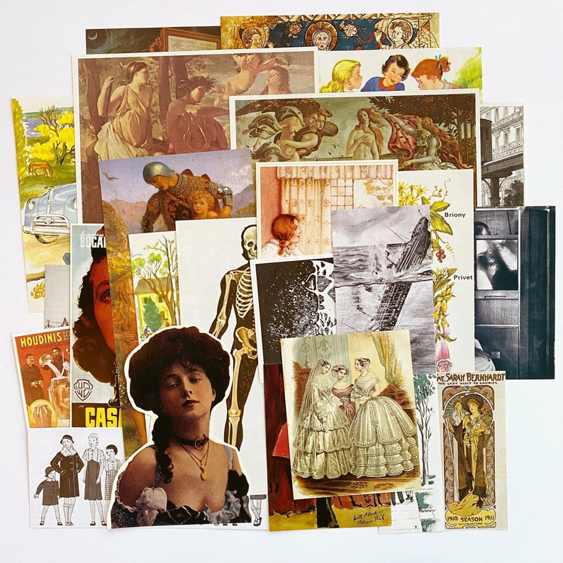May include: A collage of vintage images featuring a variety of subjects, including people, animals, and landscapes. The images are printed on paper and have a faded, antique look. Some of the images are in black and white, while others are in color. The collage is arranged in a random pattern and includes text such as "Privet" and "The Sarah Bernhardt".