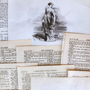 May include: A collection of vintage book pages featuring excerpts from Shakespearean plays, including "The Shrew", "King Richard III", "A Midsummer Night's Dream", and "The Two Gentlemen of Verona". The pages are printed in black and white and feature illustrations of characters from the plays.
