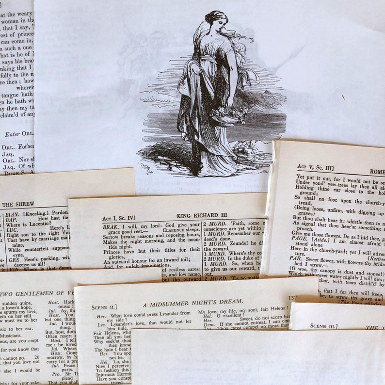 May include: A collection of vintage book pages featuring excerpts from Shakespearean plays, including "The Shrew", "King Richard III", "A Midsummer Night's Dream", and "The Two Gentlemen of Verona". The pages are printed in black and white and feature illustrations of characters from the plays.
