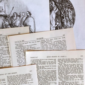 May include: A collection of vintage book pages with black and white illustrations. The pages feature text from Shakespeare's plays, including Macbeth, King Henry IV, and The Taming of the Shrew. The text is in a traditional font style and includes stage directions and dialogue.