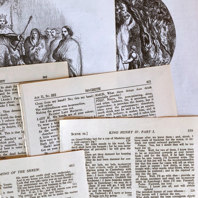May include: A collection of vintage book pages with black and white illustrations. The pages feature text from Shakespeare's plays, including Macbeth, King Henry IV, and The Taming of the Shrew. The text is in a traditional font style and includes stage directions and dialogue.