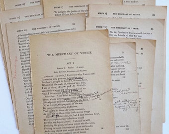 1917 Merchant of Venice Book Pages: Antique Shakespeare Ephemera