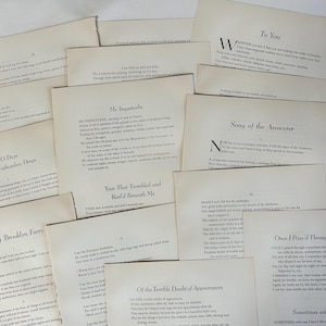 May include: A collection of vintage book pages with printed text, arranged on a light-colored surface. The pages feature various poems and writings, with visible text and page numbers. The overall theme is literary and antique.