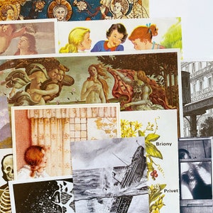 May include: A collage of images featuring various subjects, including a vintage illustration of a woman in a flowing dress, a close-up of a window with curtains, a black and white image of a submarine, and a text overlay with the words "Briony" and "Privet".
