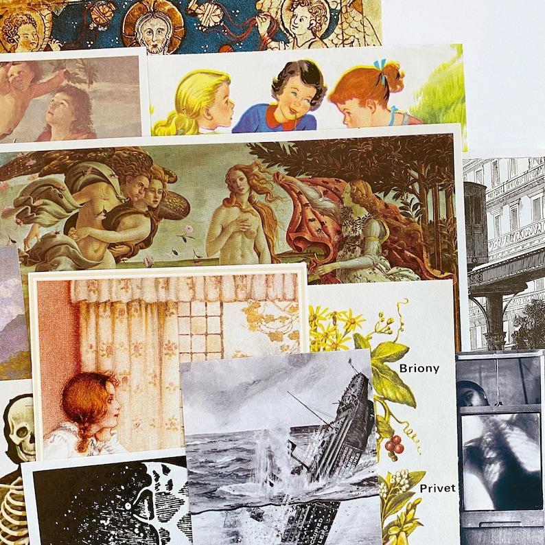 May include: A collage of images featuring various subjects, including a vintage illustration of a woman in a flowing dress, a close-up of a window with curtains, a black and white image of a submarine, and a text overlay with the words "Briony" and "Privet".