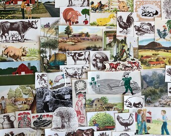 May include: A collage of vintage illustrations featuring farm animals, including cows, pigs, chickens, and roosters. The illustrations are in a variety of styles and colors, and some include text.