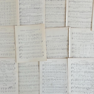 May include: A collection of vintage sheet music pages, arranged in a layered composition. The pages are aged with a cream-colored hue, featuring musical notations and text. Titles like "Third Reader - Part II" and "Third Reader - Part 1" are visible.
