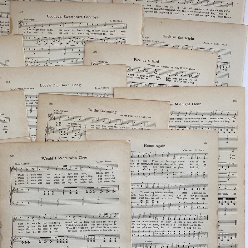 May include: A collection of vintage sheet music featuring various songs, including "Goodbye, Sweetheart, Goodbye", "Love's Old, Sweet Song", "In the Gloaming", "Would I Were with Thee", "Birds in the Night", "Flee as a Bird", "Is Midnight Hour", and "Home Again".