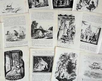 May include: A collection of vintage book pages with black and white illustrations. The pages feature various scenes, including figures in landscapes, interiors, and text. Titles visible include "The Red Shoes" and "The Garden of Paradise."