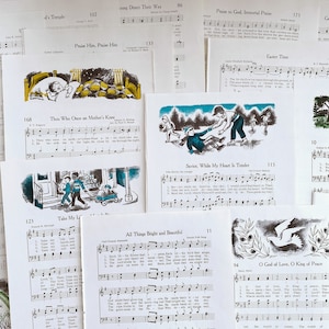 Partituras de himnarios infantiles ilustradas antiguas para manualidades con papel, himnos infantiles, diarios basura, libros de recortes, álbumes de recortes y collages