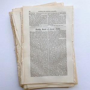 1857年のハーパーズ・マガジンのページ、アンティークのハーパーズのページ、ペーパークラフト用のアンティークのテキストページ