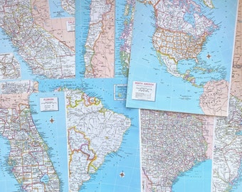 Vintage 1965 Map Pages, Full Color Double Sided Antique Maps for Collage Junk Journals