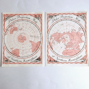 May include: Two vintage maps of the world, printed on white paper with a pink color scheme. The top map is titled "Polar Projection Map of the Northern Hemisphere" and the bottom map is titled "Polar Projection Map of the Southern Hemisphere".