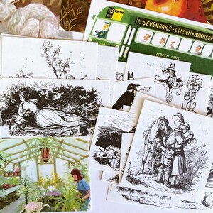 May include: A collection of black and white illustrations printed on white card stock. The illustrations depict various scenes, including a woman lying in a field, a bird, a man on horseback, and a man and woman standing together. The illustrations are surrounded by a white background.
