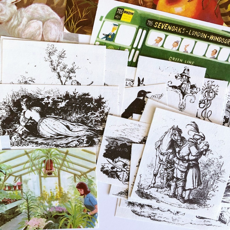 May include: A collection of black and white illustrations printed on white card stock. The illustrations depict various scenes, including a woman lying in a field, a bird, a man on horseback, and a man and woman standing together. The illustrations are surrounded by a white background.