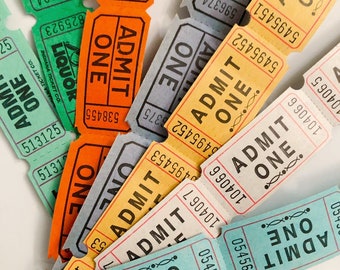 May include: A collection of vintage paper tickets with the words "ADMIT ONE" printed on them. The tickets are in various colors, including green, orange, yellow, blue, and white. Some of the tickets have numbers printed on them.