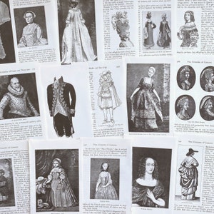 May include: A collection of black and white images depicting historical fashion from the 17th and 18th centuries. The images show various styles of clothing, including dresses, coats, hats, and accessories. The images are accompanied by text describing the different styles and their origins.