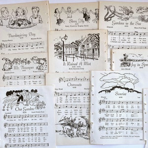 1947, pages illustrées de chansons d'école pour enfants, pages de partitions vintage pour créations en papier