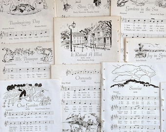 1947 illustrated childrens school song book pages, vintage sheet music pages for paper crafting