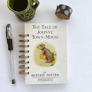 Può includere: Un taccuino a spirale con il titolo "The Tale of Johnny Town-Mouse" di Beatrix Potter. La copertina presenta un'illustrazione di un topo. Una penna nera, un boccale di ceramica verde e nastro adesivo washi a pois sono visibili. Misure in cm.