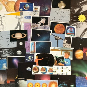 May include: A collection of retro space-themed illustrations. The images feature planets, astronauts, rockets, and star charts. The colour scheme includes blues, oranges, and yellows, creating a vintage aesthetic. Measurements are not applicable.