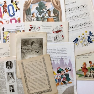 Pagine di libri per bambini antichi e vintage in stile cottagecore per lavori di carta, diari di scarto, libri smash, scrapbooking, collage, arte multimediale