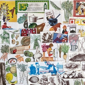 Paquete de material efímero con temática de comida, cocina y hogar para diarios basura, libros de éxito, diarios de arte, collages y arte alterado.
