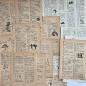 Pages antiques illustrées de dictionnaire d'architecture, pages antiques d'architecture pour l'artisanat en papier