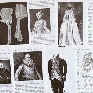 May include: A collection of vintage illustrations depicting historical fashion trends. The images show various styles of clothing, including bonnets, coats, waistcoats, and dresses. The illustrations are in black and white and feature intricate details.