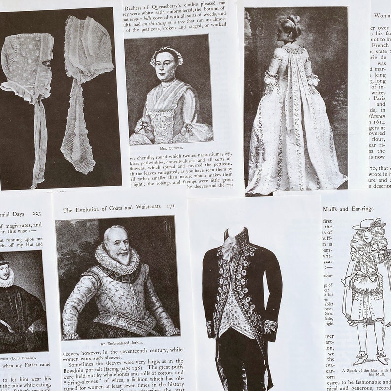 May include: A collection of vintage illustrations depicting historical fashion trends. The images show various styles of clothing, including bonnets, coats, waistcoats, and dresses. The illustrations are in black and white and feature intricate details.