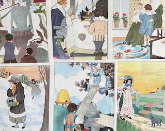 1944 antique Mother Goose fairy tale illustrations book pages