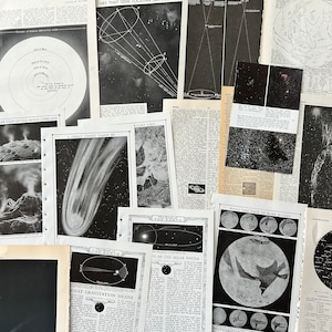 May include: A selection of vintage astronomy illustrations and articles, featuring diagrams of the solar system, comets, and celestial bodies. The black and white images include text and scientific drawings, creating a retro aesthetic.