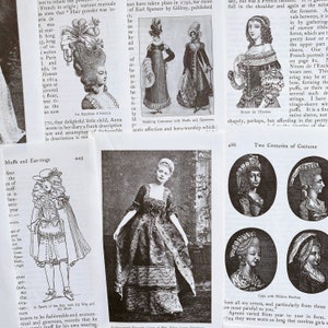 May include: A collection of black and white illustrations depicting historical fashion from the 18th century. The illustrations show women wearing various styles of dresses, hats, and accessories. The text in the image reads "Two Centuries of Costume" and "Caps with Ribbon Raches."