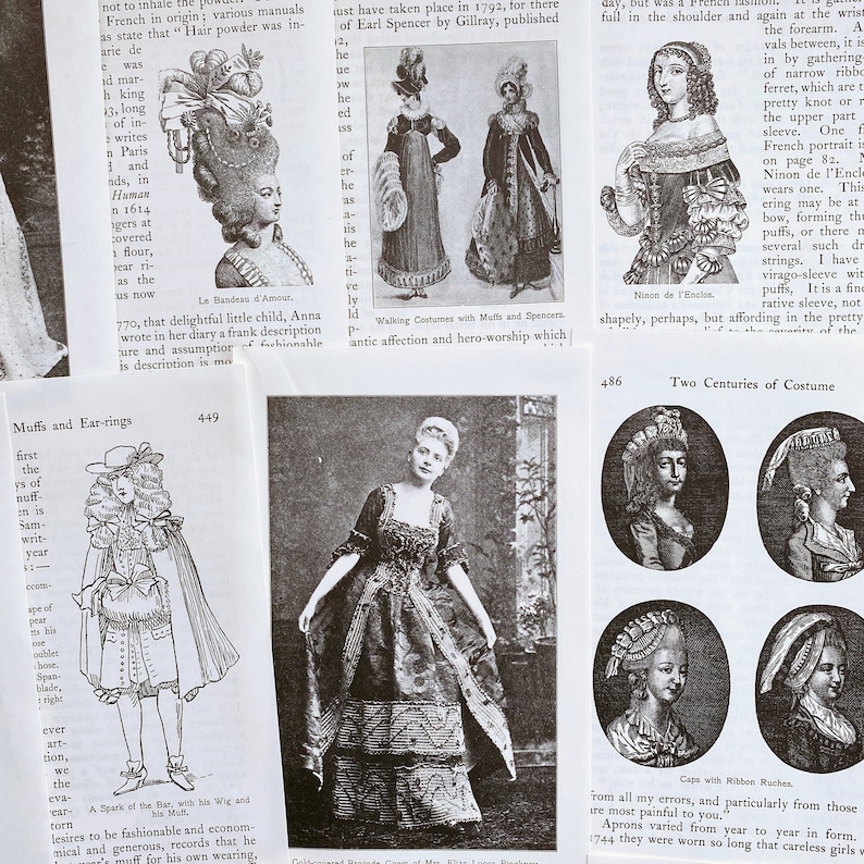 May include: A collection of black and white illustrations depicting historical fashion from the 18th century. The illustrations show women wearing various styles of dresses, hats, and accessories. The text in the image reads "Two Centuries of Costume" and "Caps with Ribbon Raches."