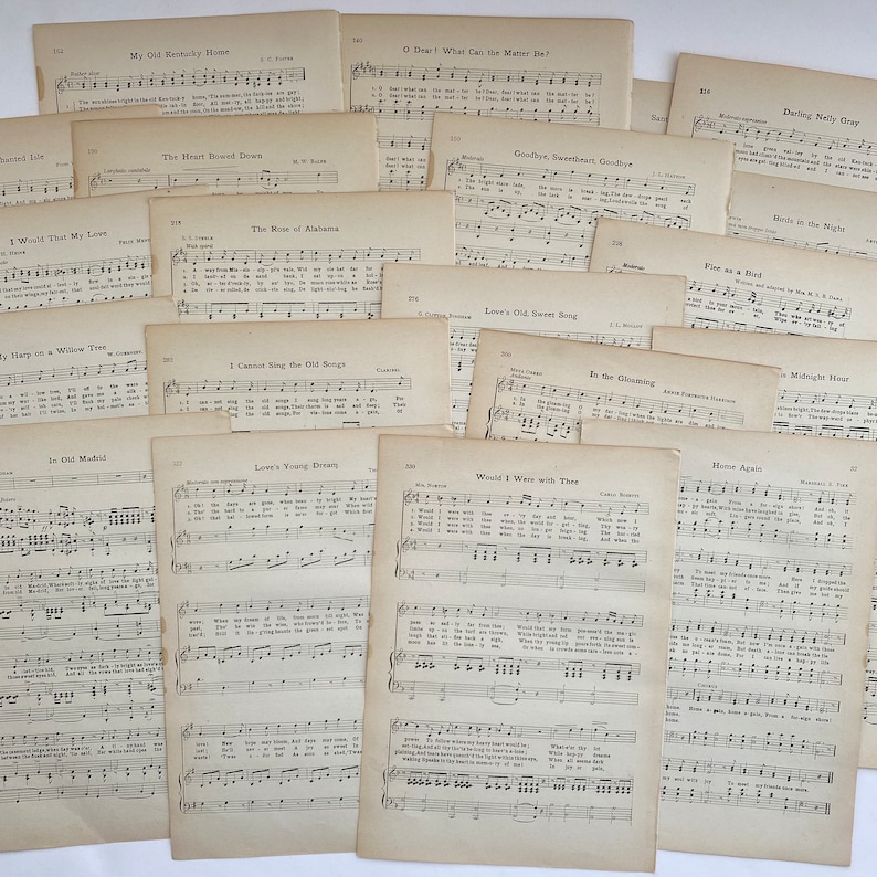 May include: A collection of vintage sheet music featuring various song titles, including "My Old Kentucky Home", "The Heart Bowed Down", "The Rose of Alabama", "O Dear! What Can the Matter Be?", "Goodbye, Sweetheart Goodbye", "Love's Old Sweet Song", "Darling Nelly Gray", "Birds in the Night", "Fly as a Bird", "In the Gleaming", "Midnight Hour", "Home Again", "Would I Were with Thee", "I Cannot Sing the Old Songs", "Lover's Young Dream", "In Old Madrid", "Widow Tree", "I Would That My Love", and "Only Harp on a Willow Tree".
