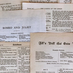 May include: A close-up of a page from a vintage book featuring the play "Romeo and Juliet" with the cast of characters listed. The text is in black ink on a white background.