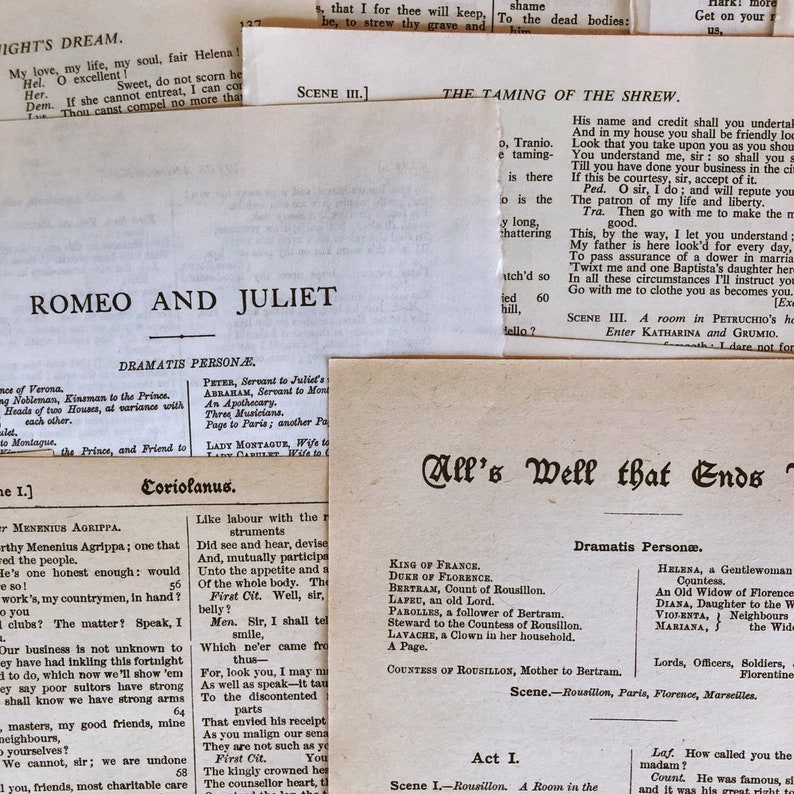 May include: A close-up of a page from a vintage book featuring the play "Romeo and Juliet" with the cast of characters listed. The text is in black ink on a white background.