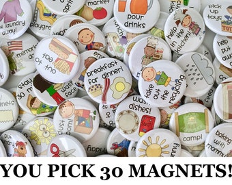 YOU PICK 30 Magnets Set (1.25" or 2.25")-- Chore, Daily Activities, Reward, Routine, Birthday, Calendar, Holiday, Emotion, Weather...