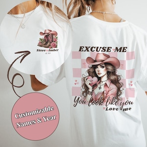 Cowgirl Love Unisex Tee, Cute Graphic T-Shirt, Excuse Me You Look Like You Love Me, Pink Checkered Background, Western Shirt, Funny Quote