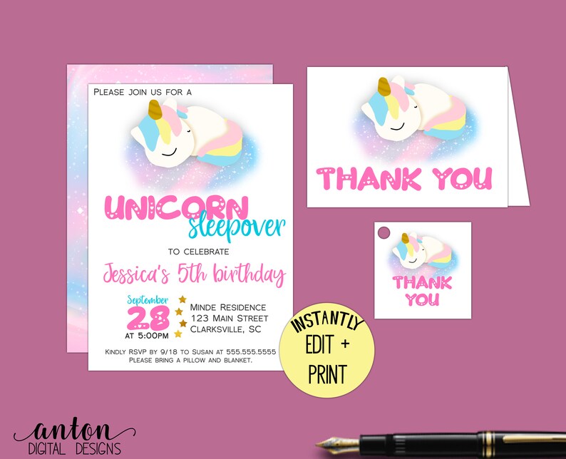 Unicorn Sleepover Birthday Party Printable Invitation Template Etsy