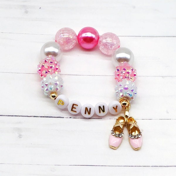 Little Girls Name Bracelets Ballet Word Jewelry | Chunky Bubblegum Bead Bracelets | Personalized Gifts for Kids.