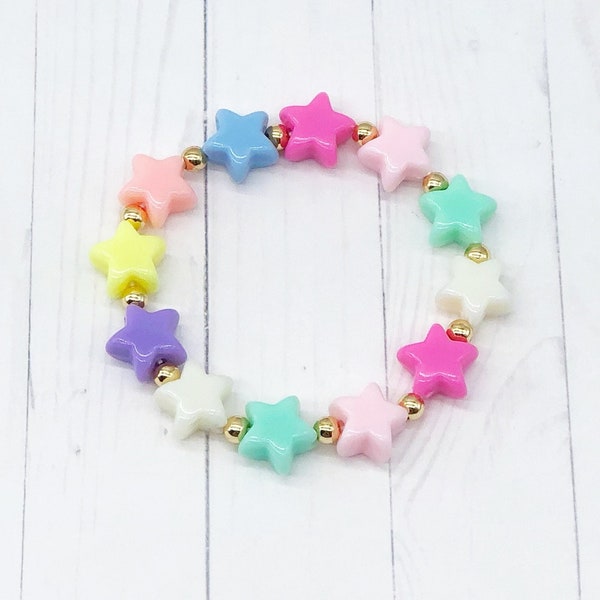 Pastel Beaded Star Bracelet, Little Girls Easter Basket Gift, Toddler Birthday Jewelry.