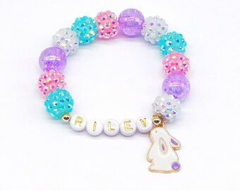 Purple Rabbit Beaded Bracelet, Little Girl Birthday Gift, Easter Jewelry For Kids.