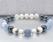 AquaMarine Gemstone Bracelet, Crystal Bead Jewelry, Good Luck, Prosperity Willpower, Strength, Triple Protection.
